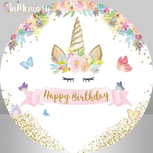 Unicorn Party Round Backdrop Cover Circle Background Butterfly Floral Flower Girl Birthday Party Decor Candy Table Cover Elastic