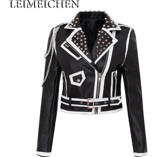 LEIMEICHEN PU Leather Jacket Women Rivet Punk Rock Jacket Biker Motorcyclist Black Short Coat Leather Top S—3XL MT-26985