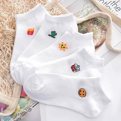 Kawaii Women White Socks Cartoon Designer Smiley Ankle Sock Cotton Cute Low Cut Home Slippers 1 Pair