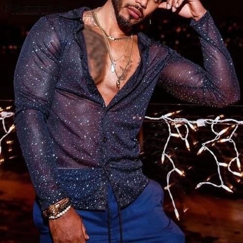 Men Shirt Lapel Long Sleeve Streetwear Party Nightclub Shiny Men Clothing 2021 Button Mesh Transparent Sexy Camisas 5XL INCERUN