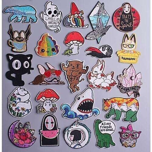 Kawaii Animal Patch Iron On Patches On Clothes Stripe Sticker Badge Patch Anime Cat Embroidered Patches For Clothing Applique