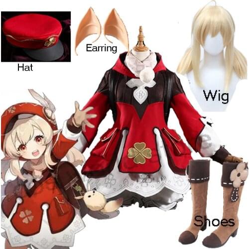 Hot Anime Game Genshin Impact Klee Cosplay Costume Women Dress Uniform Outfit Halloween Party Cosplay Wig Shoes Backpack Costume