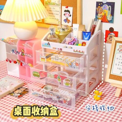 Kawaii Large Capacity Transparent Drawer Type Desktop Organizer Desk Storage Box Pen Holder School Cute Office Stationery