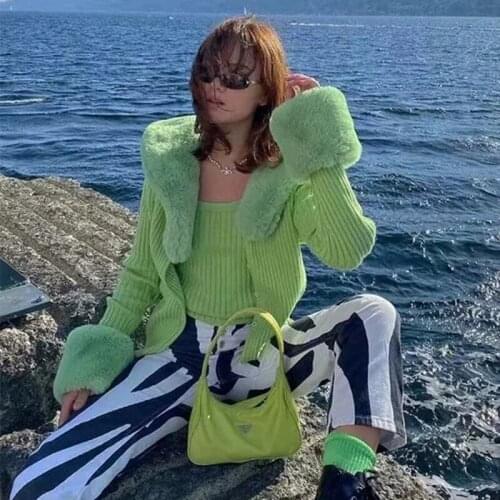 Foridol Fluffy Knitted Cropped Cardigans Women V Neck Single Breasted Green Tops Vintage Detachable Fur Slim Ribbed Cardigans