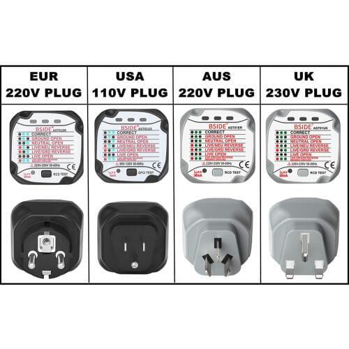 Power Outlet Socket Tester AST01 EU US UK AU Plug RCD GFCI Test Outlet Detector Ground Zero Line Plug Polarity Phase Check