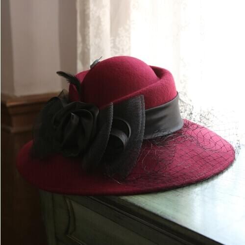 French Ladies Winter Spring Big Brim Wool Fedora Cap Mesh Bow Flower Wool Felt Hat Elegant Ladies Party Church Pillbox Veil Hat