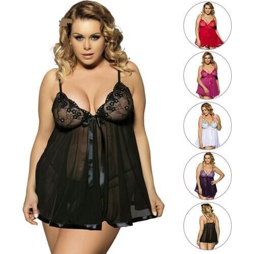 6XL Plus Size Sexy-Lingerie-Sleepwear-Lace-Women-G-string-Dress-Nightwear