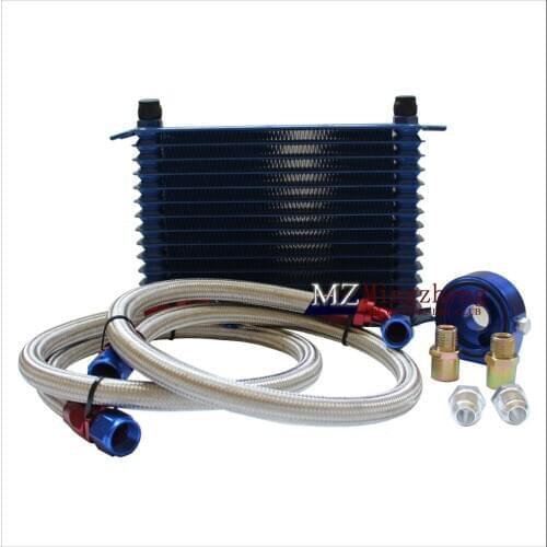 UNIVERSAL 15 ROWS blue OIL COOLER KIT + OIL FILTER SANDWICH + NYLON STAINLESS STEEL BRAIDED OIL HOSE W/PQY STICKER+BOX