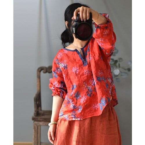 Women Ramie Printed Blouse Tops Female Vintage Print Ramie Latern Sleeve Shirts Ladies 2020 Spring Summer Ramie Shirt Tops