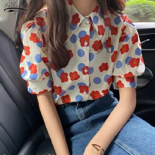 Chic Print Summer Shirts Women 2021 New Vintage Elegant Blouses Korean Button Shirt Fashion Puff Sleeve Tops Lady Blusas 15791