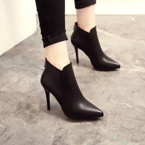 New Women Boots Ankle PU Leather Zipper Booties High Heels Autumn Shoes Black Winter Boots Zapatos De Mujer Pointed Toe