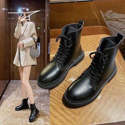 Womens Autumn And Winter British Style Martin Boots Simple Lace Up Short Ankle Boots Fashion Cool Motorcycle Leather Shoes