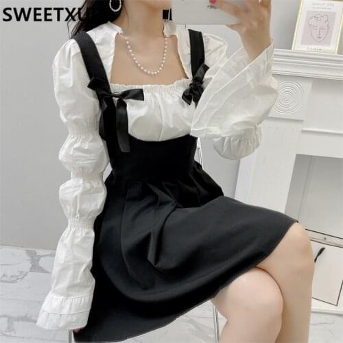 SWEETXUE Preppy Style Autumn 2-Piece Set Womens Square Neck Beaded Trumpet Sleeve Shirt + High Waist Bow Pleated Strap Skirt