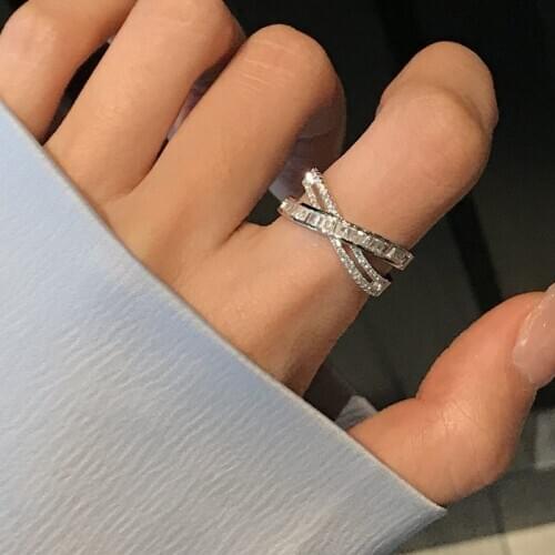 Korean X Shape Cross Rings for Women Luxury Zircon Adjustable Open Ring Wedding Engagement Jewelry Gift Anillos