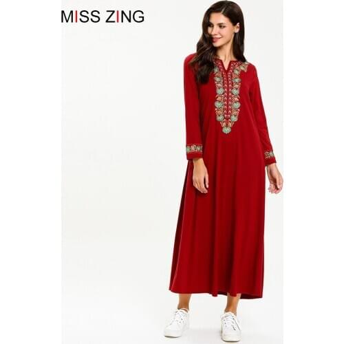 Miss Zing Women Muslim Abaya Embroidery Full Dress Maxi Skirt Kimono Loose Robe Gowns Clothing Middle East Islamic Prayer New