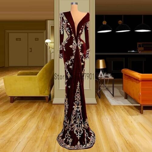 Burgundy Sexy V Neck Mermaid Evening Dresses Arabic Middle East Muslim Long Sleeve Luxury Embroidery Evening Gowns