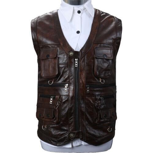 Mens Casual Cowhide Genuine Leather Vest Fashion Multi Zipper Pocket Reporters Gentlement Sleeveless Jacket Waistcoat XL-8XL