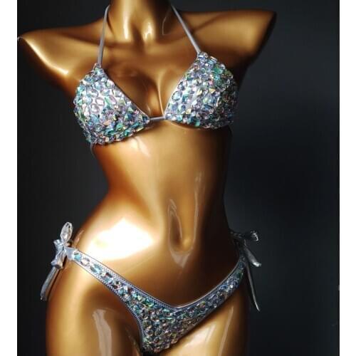 2020 Sexy Women Push Up Swimwear Bikini Sets Vacation New Style Open Halter Rhinestone Bandage Bling Stones Bikinis AKYZO