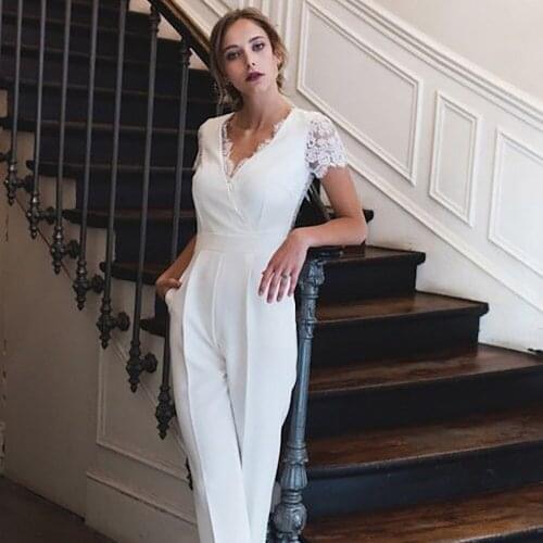 2021 New Fashion Women White Lace Short Sleeve Jumpsuit