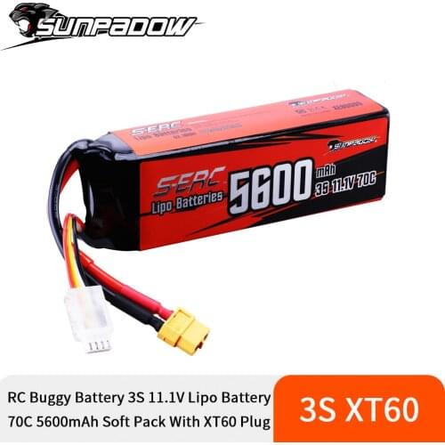 SUNPADOW 11.1V 3S LiPo Battery 5600mAh 70C with XT60 Connector Soft Pack for RC Vehicles Car Truck Tank Boat Truggy Buggy Heli
