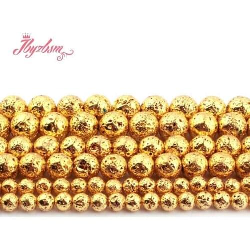 Natural Rock Lava Round Gold Plated 6/8/10/12mm Spacer Stone Beads For DIY Necklace Bracelats Jewelry Making 15" Free Shipping
