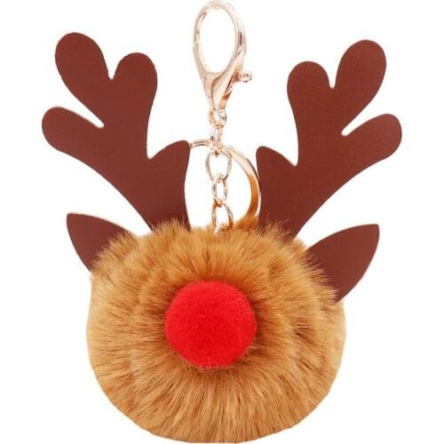 Christmas Elk Key Chains for Women Soft Plush Accessories Female PU Leather Hairball Backpack Pendant Cute Antlers Car Keychains
