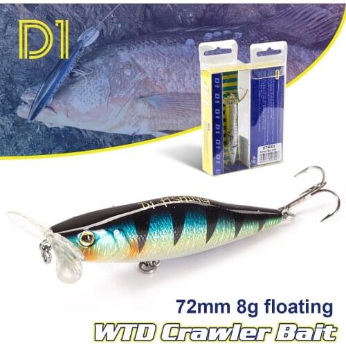 D1 WTD Crawler Baits Popper 72MM 8G Minnow Shape Top Water Lure Rattle sound Crescent Lip Freshwater Fishing For Bass VMC Hook