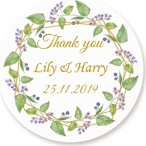 DouxArt 100pcs Personalized Wedding Stickers Thank You, 40mm Garland Wedding Favour Label Communion Baptism Gift Package Seals
