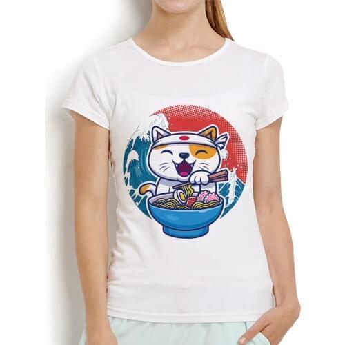 Cute Fortune Maneki neko lucky cat love ramen t shirt femme new white short sleeve casual women tshirt streetwear kawaii Tee