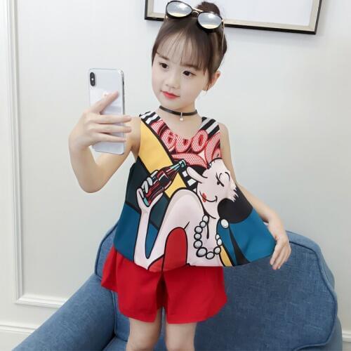 Girls Fashion Printing Chiffon Clothing Set Childrens Summer New Vest Tops + Shorts 2 Pcs Suit Kids Family Clothes Twinset X392