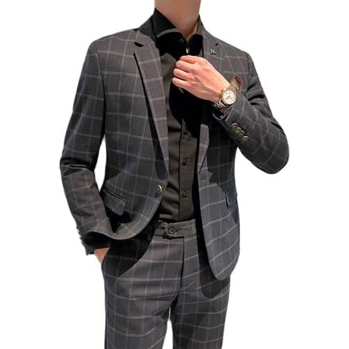 Jacket + Pants ) High-end Brand Boutique Lattice Fashion Slim Mens Formal Business Suit 2pces Set Groom Wedding Dress