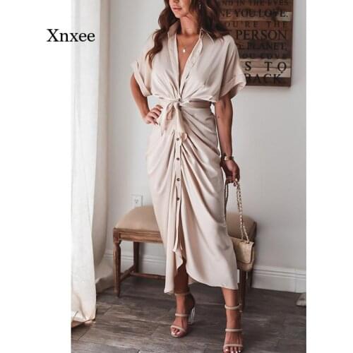 Summer Dress Women Sashes Short Sleeve Shirt Bodycon Wrap Belt Woman Long Dresses for Women Casual Button Solid Sundress 2021