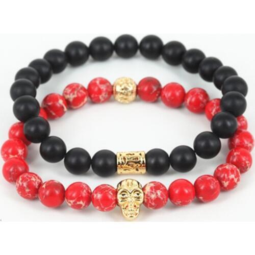 2pcs beaded 24k gold skull head men bracelet natural regalite/matte round stone women bracelet fine jewelry as a gift