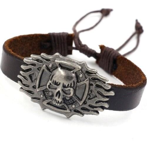 Mens 925 Silver Vintage Punk Leather Bracelet Vintage Flame Skull Mens Domineering Bracelet Ersonalized Hand Woven Bracelet