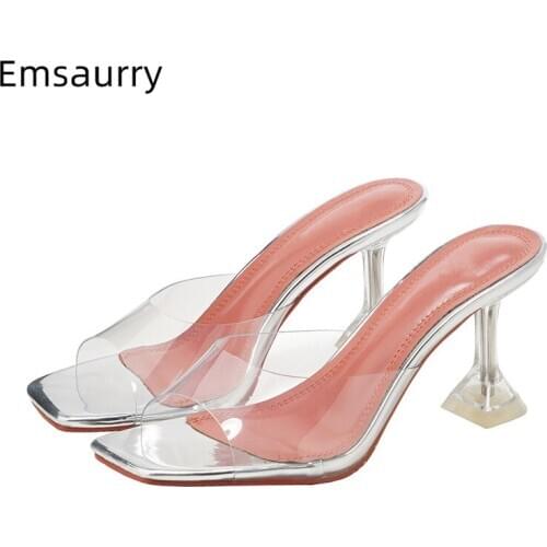 Transparent PVC Slim High Heel Mules Lady Unique Goblet Heel Square Toe Open Toes Jelly Color Summer Sandals Women