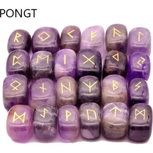 25pcs Natural stone carving Viking Runes Amulet Set Reiki Runic alphabets Healing Crystals quartz Divination Stones jewelry