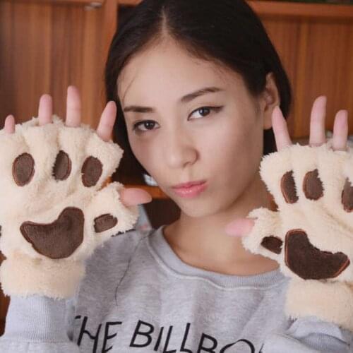 New Women Cute Cat Claw Paw Plush Mittens Warm Soft Plush Short Fingerless Fluffy Bear Cat Gloves Costume Half Finger Party Gift