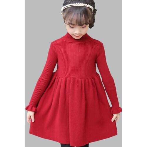 Girls Dress Solid Knitted Dress Girls Turtleneck Sweater Dress Girl Autumn Winter Kids Girls Clothes 6 8 10 12 14 Years