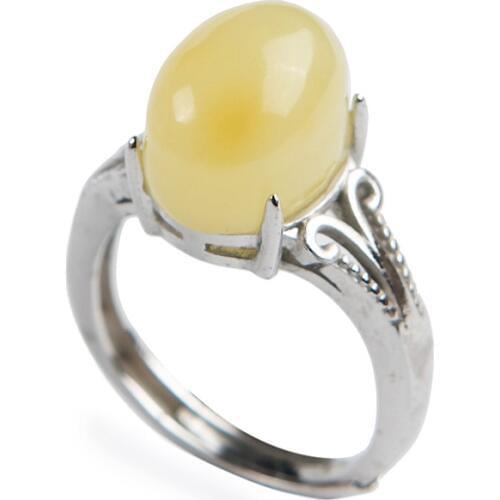 Genuine Natural Yellow Rare Round Crystal Bead Fashion Stering Sliver Lady Party Adjustable Size Ring 12*9*8MM