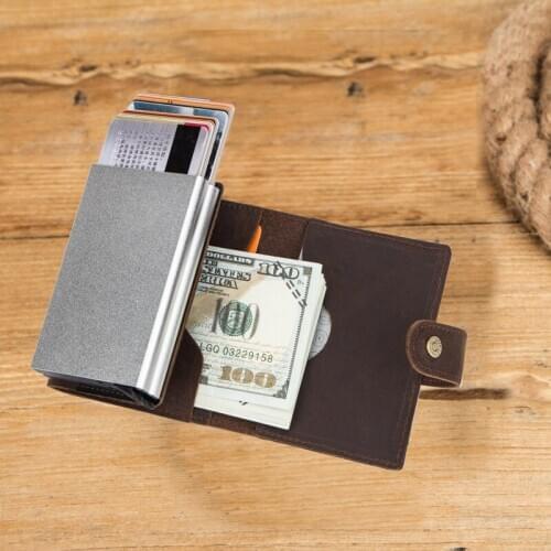 RFID Anti-theft Brush Leather Men Automatic Card Holder Coin Purses Multi-function Double Card Box Card Holders small wallet