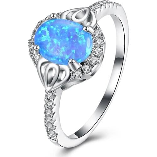 ZEMIOR White Cubic Zirconia And Blue Opal Oval Shape Rings For Women Romantic Anniversary Ring Fashion Female Jewelry On Sale