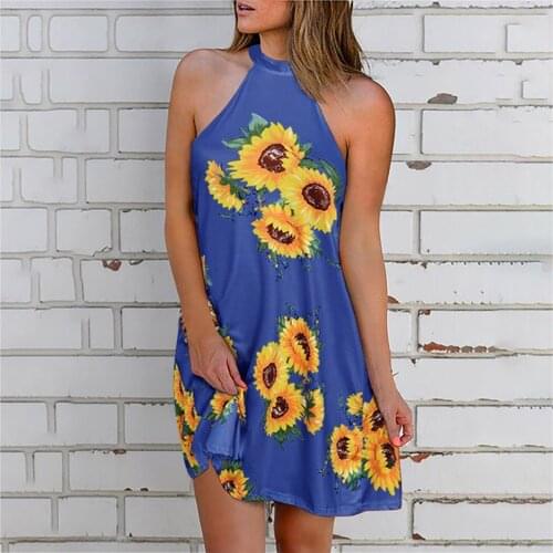 Women Summer Dresses Sunflower Print Boho Sleeveless Halter Bandage Elegant Sundress Blackless Mini Dress Vestido De Mujer 2021