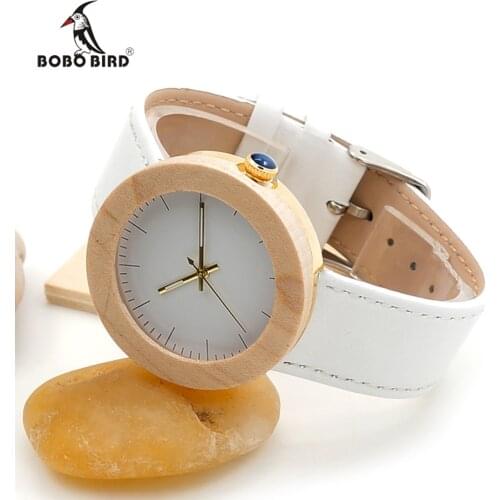 BOBO BIRD 37mm Watches Women White Maple Wood Watch Genuine Leather Band Wristwatch relogio feminino B-J28
