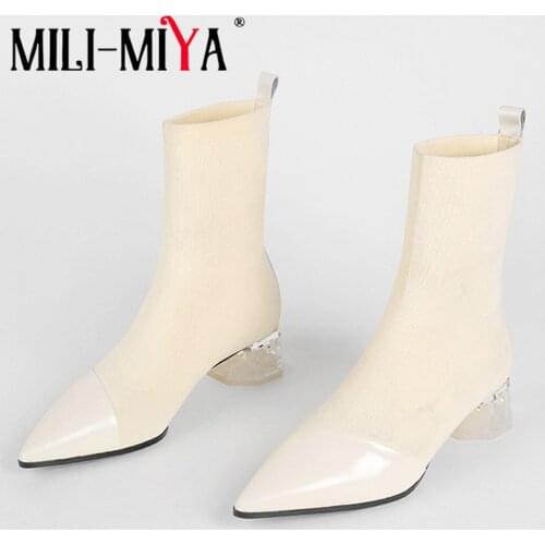 MILI-MIYA Autumn New Ankle Boots Beige Patent Leather Short Wedding Shoes Luxury Transprent High Heels Sexy Pointed Toe Big Size