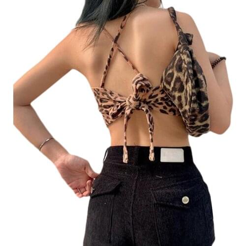 Womens Leopard Print Tank Tops, Sexy Sleeveless Crew Neck Letter Embroidery Tie Back Crop Tops