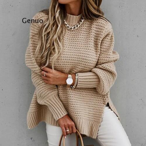 Women Elegant Solid Ribbed Knit Sweater Fashion O Neck Lantern Long Sleeve Pullover Tops Ladies Winter Casual Loose Slit Jumper