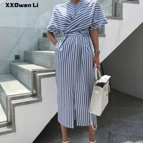 Summer Cotton Striped Pocket Split Long Dress For Woman 2021 Casual Office Lady Dresses Fashion Womens Clothing Robe Femme