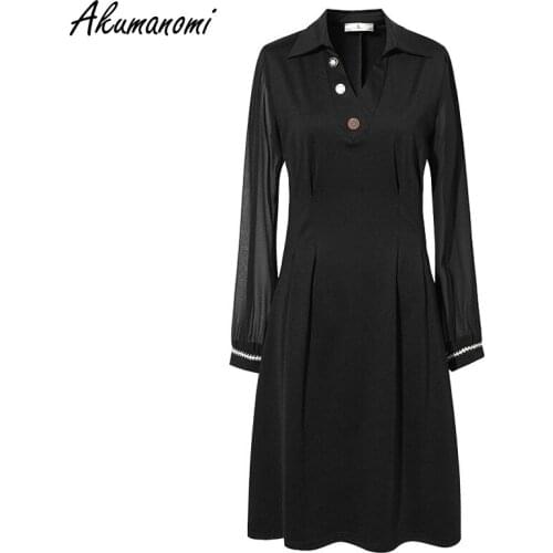 Plus Size Women Clothing Spring Autumn Black Dresses Black Turn-down Collar Long Sleeve A-line Office Ladies French Korean Dress