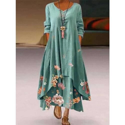 Printed Long-sleeved Green Dress Ladies Irregular Hem Flower Dress 2021 Spring and Autumn Bohemian Fashion Casual Dress