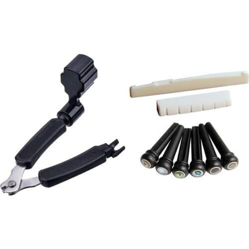 1 Set 6 String Acoustic Guitar Bone Bridge Saddle and Nut & 1Pcs 3 in 1 Guitar String Winder String Cutter Pin Puller